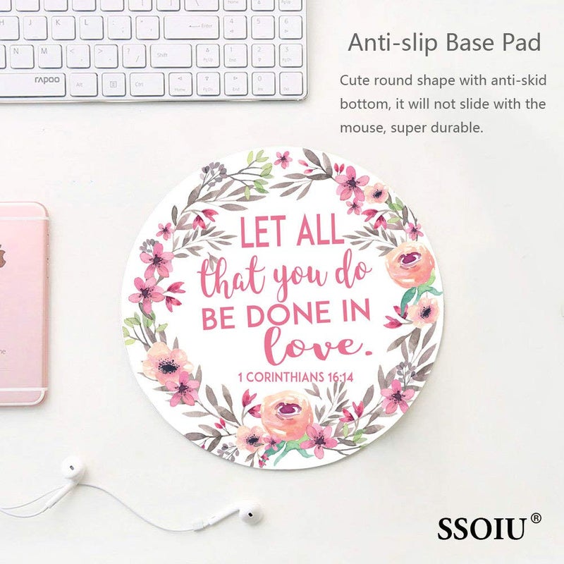 SSOIU Round Gaming Mouse Pad Custom, Vintage Watercolor Floral Wreath Christian Bible Verses Scripture Corinthians - Let All That You do be Done in Love - Image 2